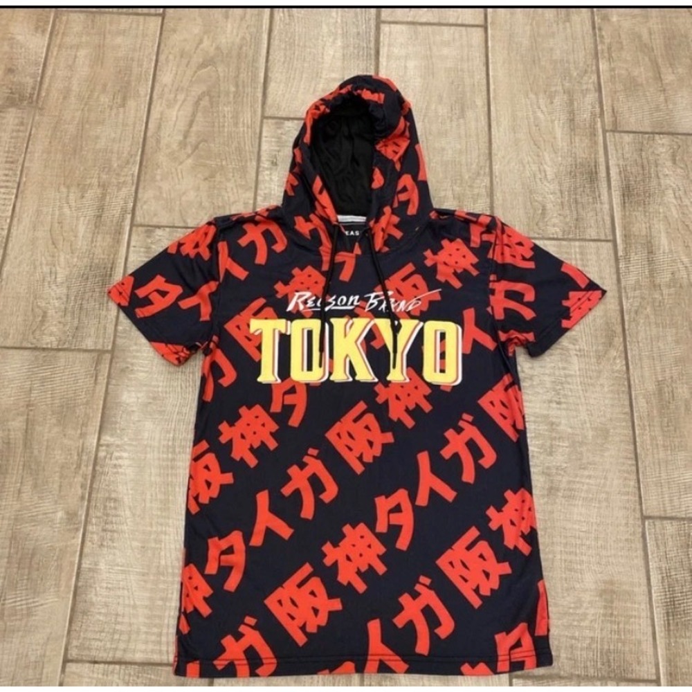 REASON BRAND Tokyo Hoodie Men S Black Red Short Sleeve Japanese Kanji Streetwear